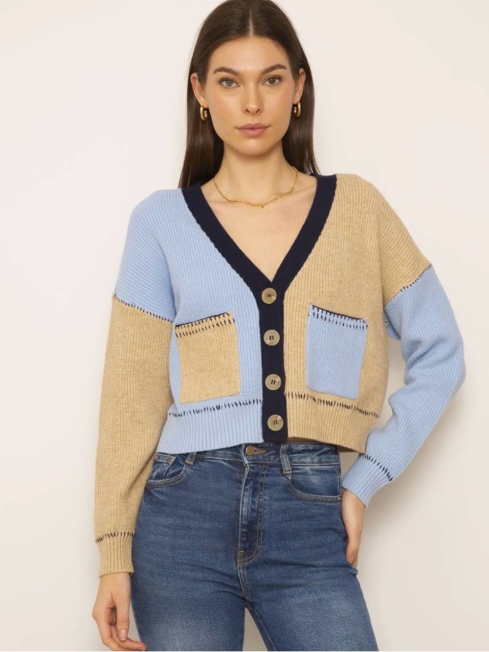 Central Park West Casey Colorblock V-Neck Cardigan - Blue & Tan Medium New w Tag